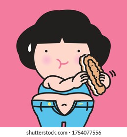 Obesity Woman With Belly Fat Unzip The Zipper On The Jeans While Holding Biscuits. Weight Problems, Diet, Overweight Concept Card Character illustration