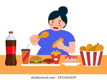 Obesity woman enjoy eating fast food in flat design on white background. Overeating addiction concept vector illustration.