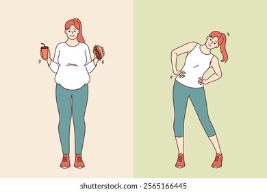 Obesity woman lost weight thanks to diet and exercise and acquired beautiful and slender body. Girl got rid of obesity after stopping eating junk food or soda from fastfood restaurants