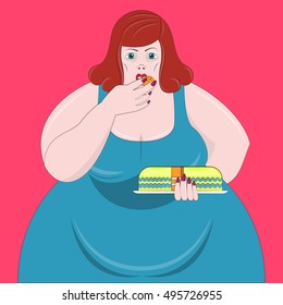 Obesity woman Vector illustration Fat red-haired woman in blue dress is eating cake with her hands 