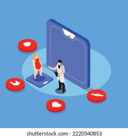 Obesity woman weighing on scale isometric 3d vector illustration concept for banner, website, illustration, landing page, flyer, etc.
