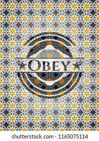 Obey arabic badge background. Arabesque decoration.