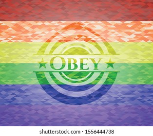 Obey emblem on mosaic background with the colors of the LGBT flag