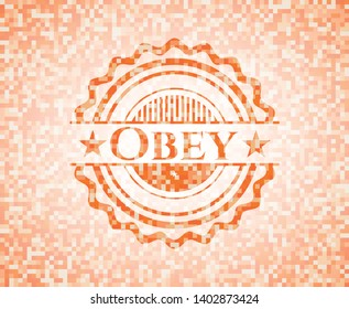 Obey orange tile background illustration. Square geometric mosaic seamless pattern with emblem inside.