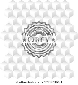 Obey realistic grey emblem with geometric cube white background