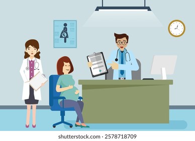 OBGYN obstetrics and gynecology clinic pregnancy patient and doctor flat illustration