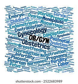 OBGYN Word Cloud. Composition of Words Related to Obstetrics, Gynecology, and Women's Health. Pregnancy, Fertility, and Reproductive Care. Isolated White Background.