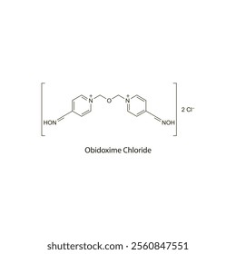 Obidoxime Chloride flat skeletal molecular structure cholinesterase reactivator drug used in organophosphorus poisoning treatment. Vector illustration scientific diagram.