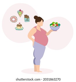 An Obie lady standing and holding salad bowl but thinking about sweet and dessert, doughnut, ice cream, pudding, chocolate, sweet tooth, eat good food, vegetables dish, pink and white background 