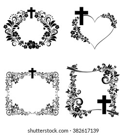 Obituary Notice - Art Deco Frames With Cross. Collection Of Christian Symbol Design Elements Isolated On White Background. Vector Illustration 