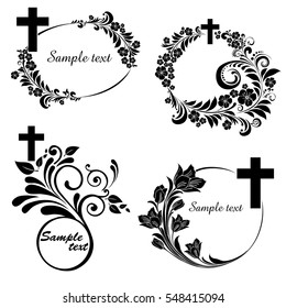 Obituary notice - art deco frames with cross. Collection of Christian Symbol design elements isolated on White background. Vector illustration