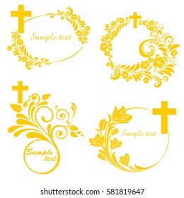 Obituary notice - art deco frames with cross. Collection of Christian Symbol design elements isolated on White background. Vector illustration