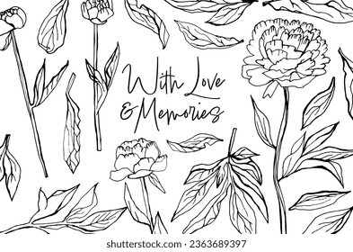 Obituary postcard with the text With Love and Memories. Hand drawn ink style. Vector illustration in black, white color. Horizontal background. Landscape template for poster, card, invitation design