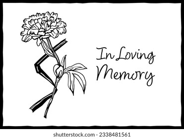 Obituary postcard with the text In Loving Memory. Hand drawn ink style. Editable vector illustration in black color isolated on white background. Landscape template for poster, card, headstone design