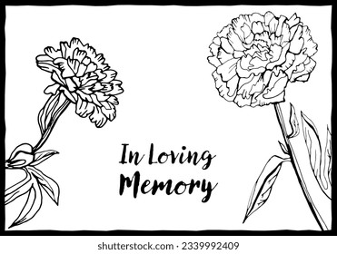 Obituary postcard with the text In Loving Memory. Hand drawn ink style. Editable vector illustration in black color isolated on white background. Landscape template for poster, card, headstone design