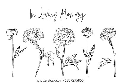 Obituary postcard with the text In Loving Memory. Hand drawn ink style. Editable vector illustration in black color isolated on white background. Landscape template for poster, card, headstone design