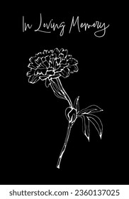 Obituary postcard with the text In Loving Memory. Hand drawn ink style. Editable vector illustration in white color isolated on black background. Vertical template for poster, card, headstone design