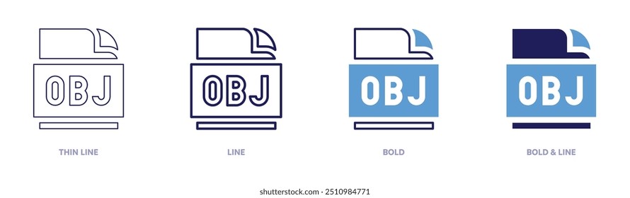 Icono de Obj en 4 estilos diferentes. Línea delgada, línea, negrita y línea negrita. Estilo duotono. Trazo editable.