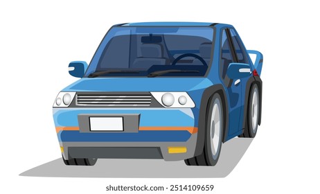 Objec perspective design of classic sport car blue color. Inside with interior can see console and seat of car. Shadow and isolated white background.