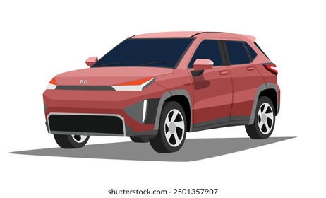 Objec perspective design of EV car site SUV cross over red color. Wih shadow and isolated white background.