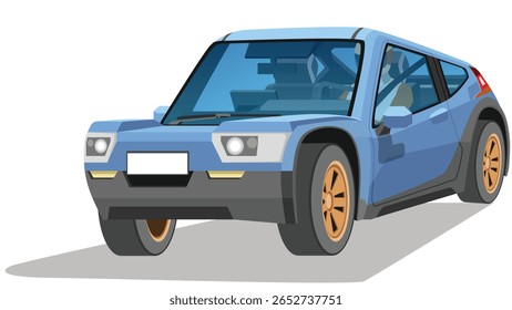Objec perspective design of sport race rally car pastel blue color. Can view inside car with rally car drivers. Shadow and isolated white background.