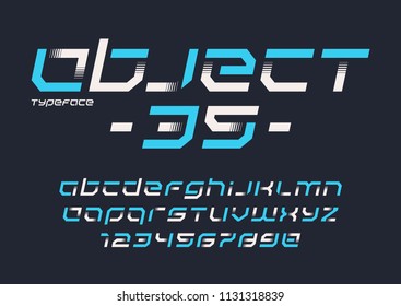 Object 35 vector futuristic industrial display typeface design, alphabet, character set, font, typography, letters and numbers. Swatch color control.