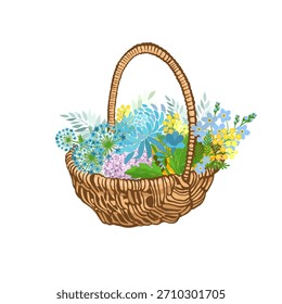 Cesta de objetos con flores. Dibujado a mano. No IA, Ilustración vectorial
