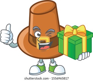 Object brown pilgrim hat with character holding gift