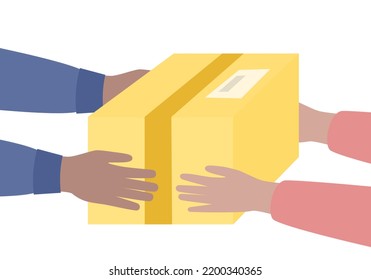 Object in carton box passed from delivers hands to clients hands. Courier handing gift box to customer. Fast delivery, transportation concept. Vector illustration 