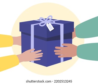 Object in carton box passed from delivers hands to clients hands. Celebration. Fast delivery, transportation concept. Vector illustration 