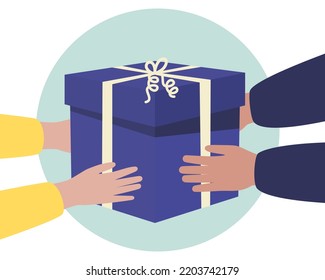Object in carton box passed from delivers hands to clients hands. Celebration. Fast delivery, transportation concept. Vector illustration 