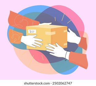 Object in carton box passed from delivers hands to clients hands on white background. Courier handing gift box to customer flat vector illustration. Fast delivery, transportation concept