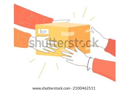 Object in carton box passed from delivers hands to clients hands on white background. Courier handing gift box to customer flat vector illustration. Fast delivery, transportation concept