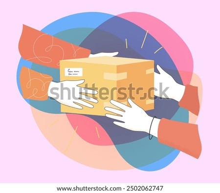 Object in carton box passed from delivers hands to clients hands on white background. Courier handing gift box to customer flat vector illustration. Fast delivery, transportation concept
