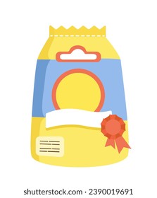Object for cat. Package with food for kittens. Pet shop products and goods. Care about domestic animals. Template and layout. Cartoon flat vector illustration isolated on white background