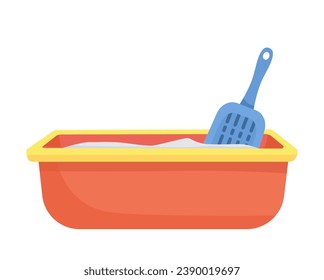 Object for cat. Red tray with toilet for kittens. Pet shop products and goods. Care about domestic animals. Graphic element for website. Cartoon flat vector illustration isolated on white background