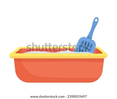 Object for cat. Red tray with toilet for kittens. Pet shop products and goods. Care about domestic animals. Graphic element for website. Cartoon flat vector illustration isolated on white background