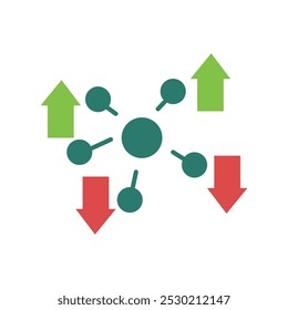 Objeto no centro, partículas se movendo para cima, partículas se movendo para baixo. Ilustração simples de vetor plano.