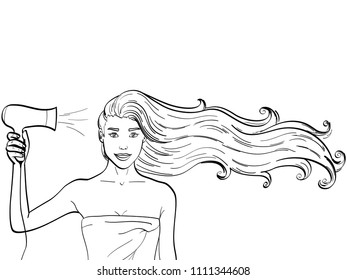 Object Children coloring, black lines, white background. A girl with long hair dries a hairdryer. Advertising of shampoo. vector illustration