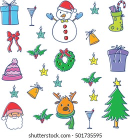 Object christmas color on doodle set