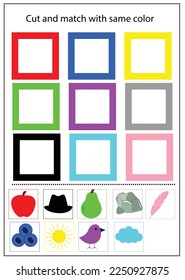 object color matching game for kids. Cut the square and match. Preschool activity page for toddlers. Vector illustration