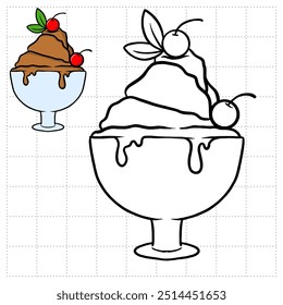 Object Coloring Book for Kids. Food Series - ice cream with cherries