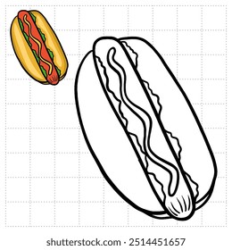 Object Coloring Book for Kids. Food Series - hot dog