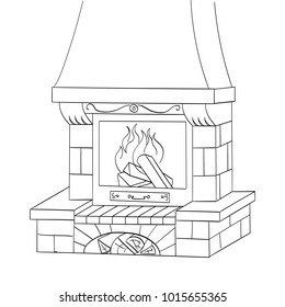 Object coloring vector illustration. A brick fireplace burns a tree. Works and heats.
