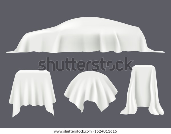 Object covered silk.\
Tablecloths satin textile reveal curtain podium covered vector\
realistic template