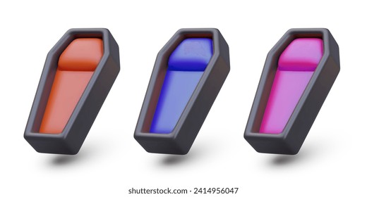 Object for decoration on Halloween. Collection with realistic open coffin in red, blue, and pink colors on white background. Open place for human burial. Vector illustration in 3d style with shadow