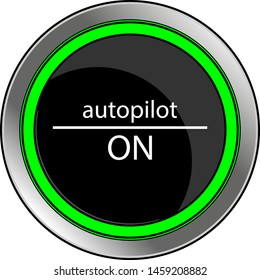 The object is depicted as a black engine start button in autopilot mode in a metal case with neon lights, with engine start and stop inscriptions with a white transparent flash.