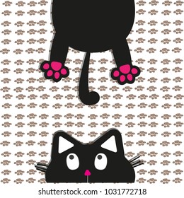 An object is depicted in the form of a torso of a black cat at the top and the head of a cat at the bottom, in the style of pop art, the cat looks at itself from the bottom up. Background in the form 