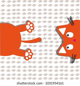 An object is depicted in the form of a torso of a red cat on the left and a cat's head on the right, in the style of pop art, the cat looks at itself from the right to the left. Background in the form