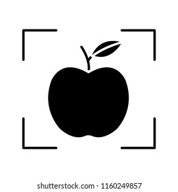 Object detection app glyph icon. Deep learning. Artificial intelligence. Apple in focus. Silhouette symbol. Negative space. Vector isolated illustration